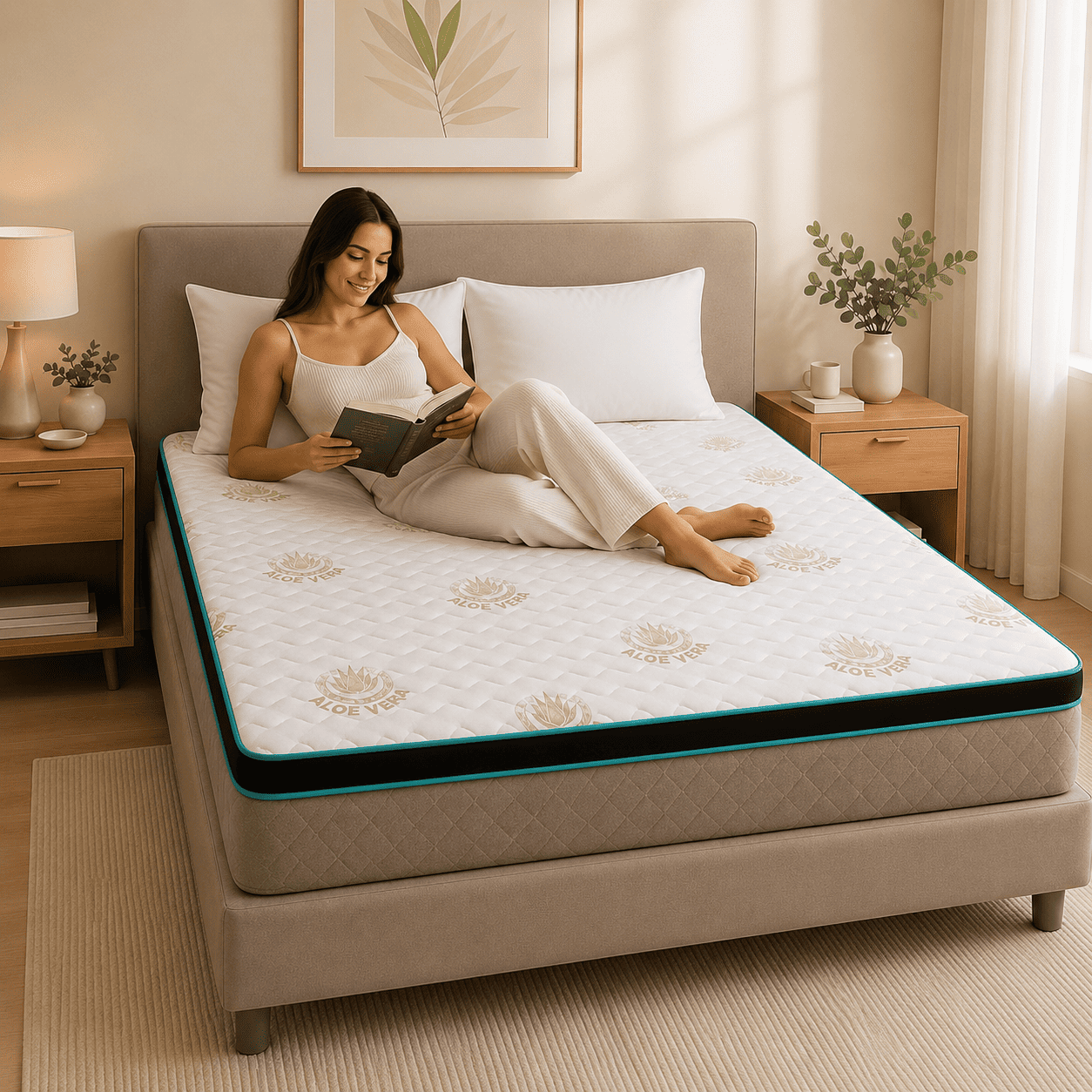 Woman reading on a bed with 7 cm Aloe Vera mattress topper in a modern bedroom