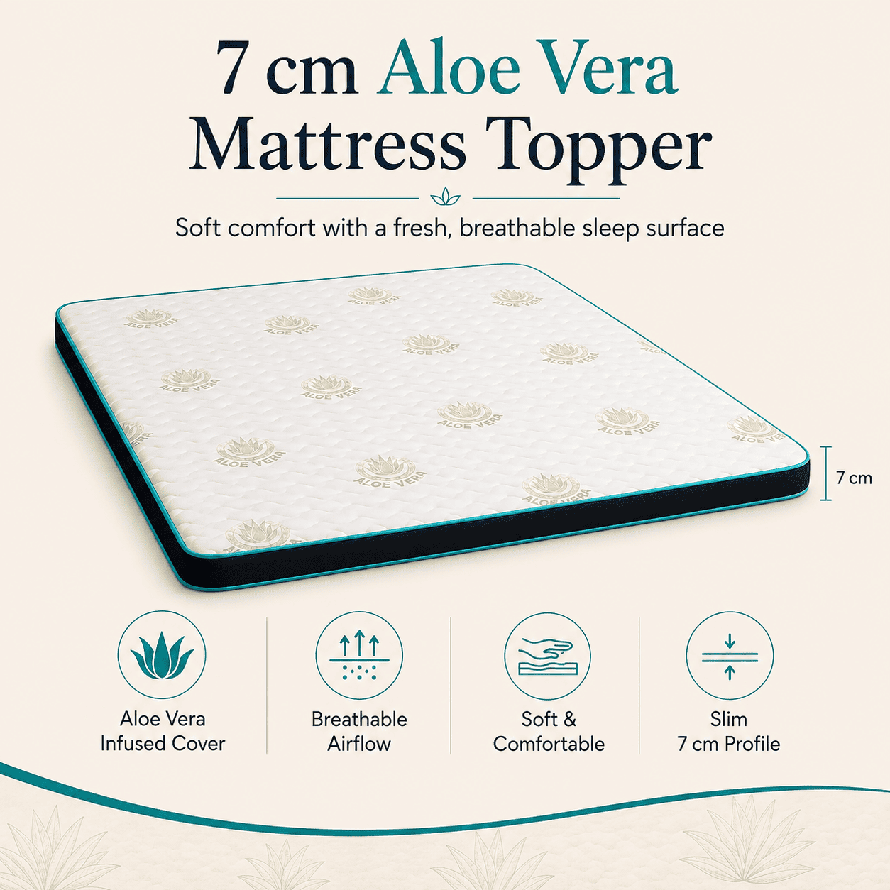 7 cm Aloe Vera mattress topper with breathable cover, soft cushioning and slim profile