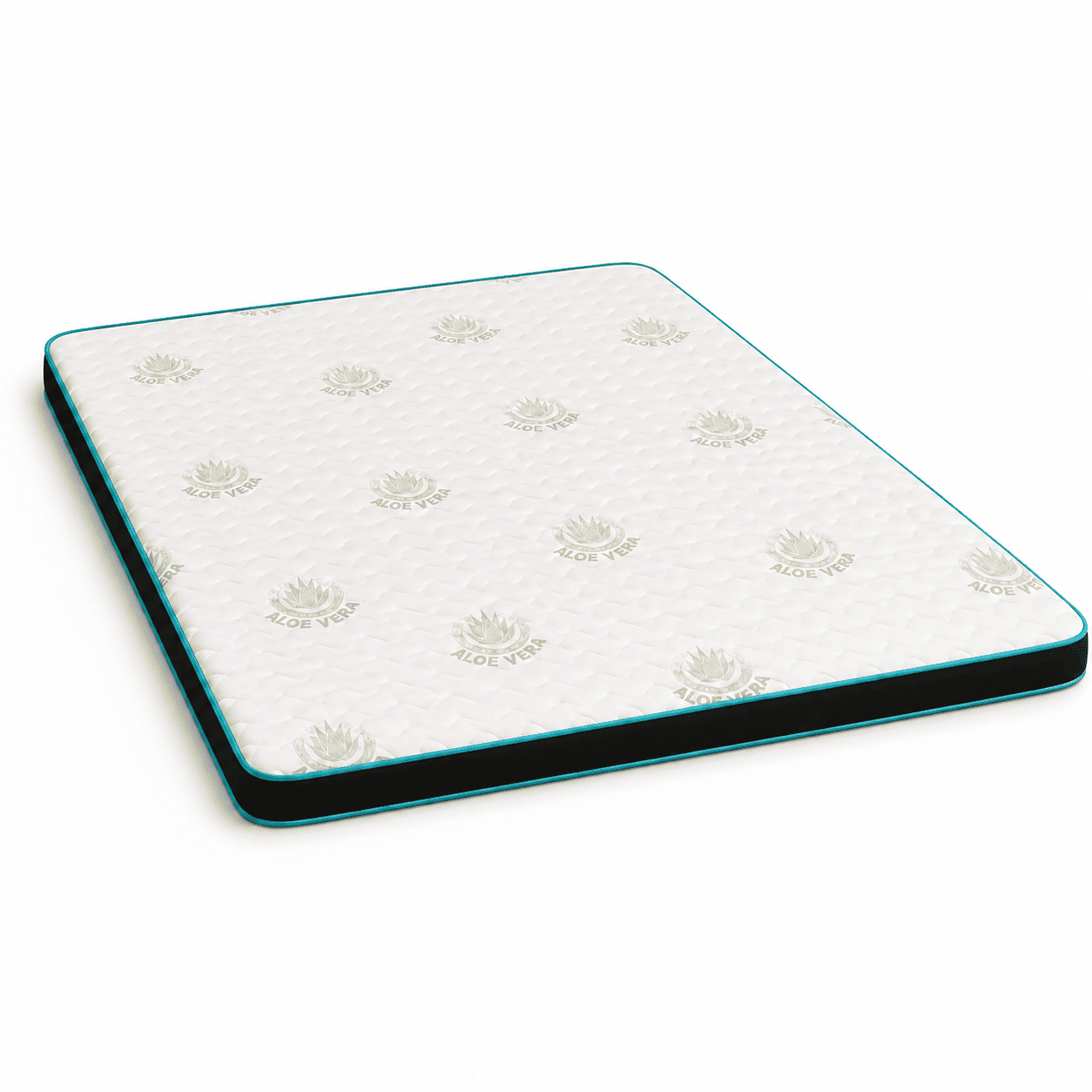 7 cm Aloe Vera mattress topper with white quilted cover, black sides and teal piping