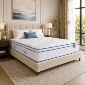Monaco hybrid mattress on upholstered bed in luxury modern bedroom with quilted pillow top and blue piping
