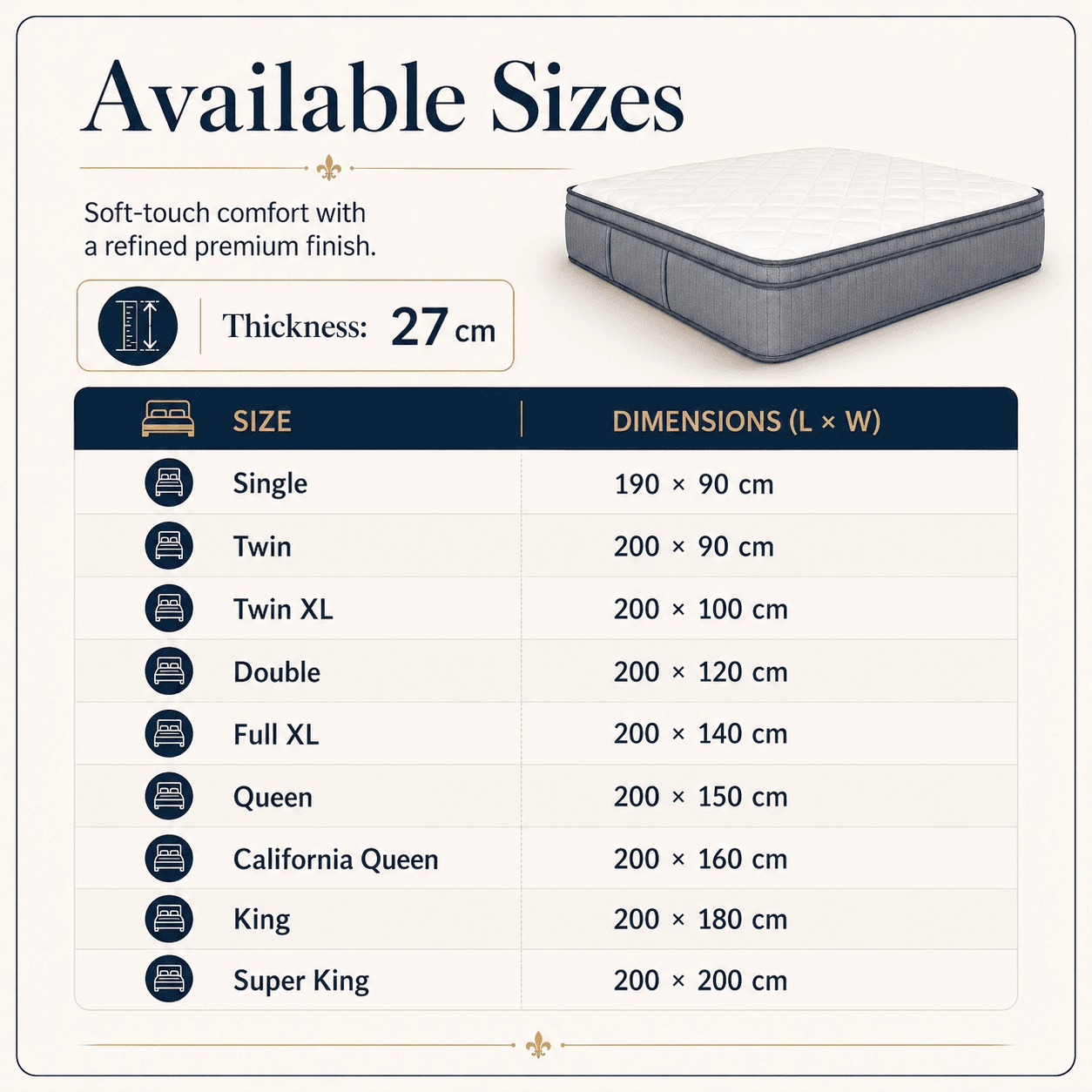 27 cm mattress size chart showing Single, Twin, Twin XL, Double, Full XL, Queen, California Queen, King and Super King sizes
