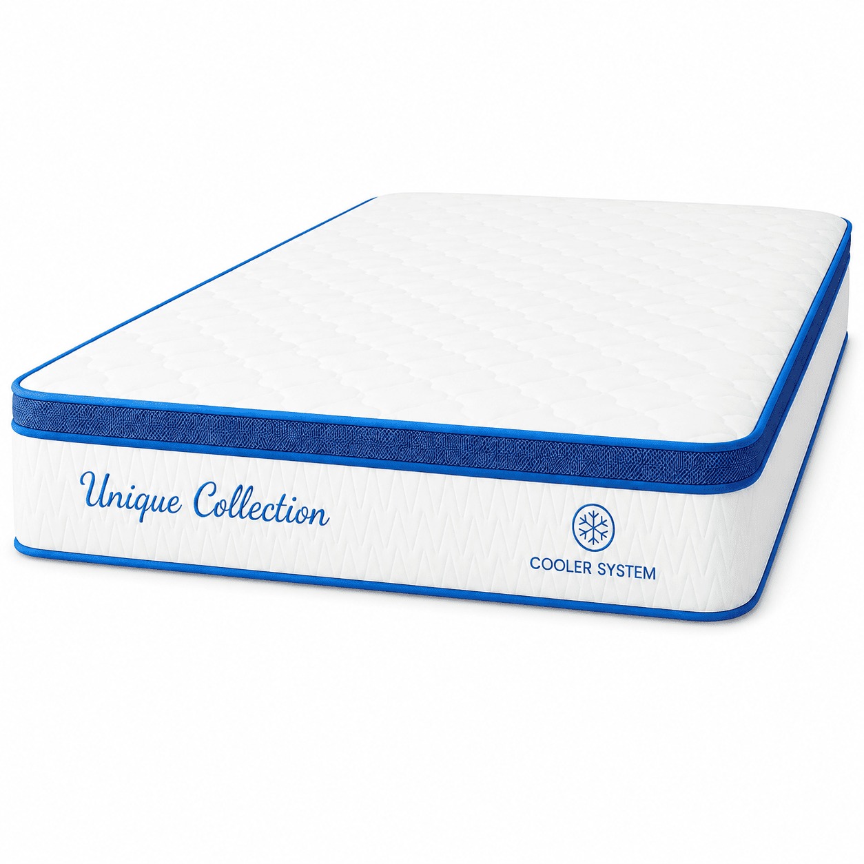 White quilted Cooler System mattress with blue piping and premium side panel on white background.