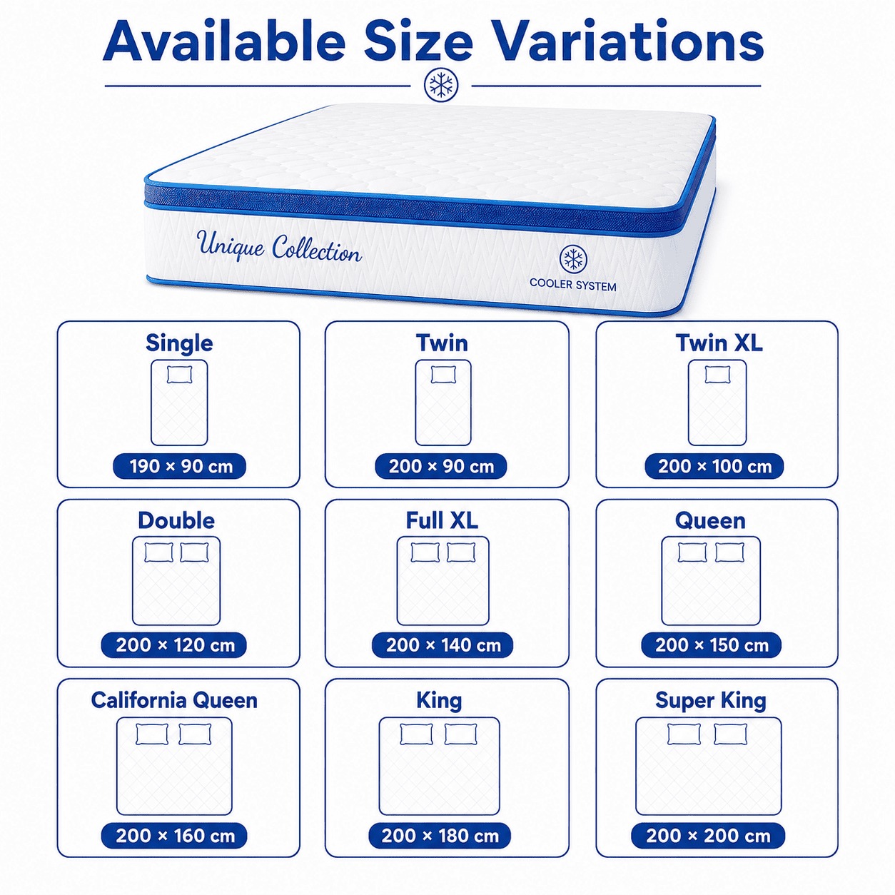 Mattress size chart showing Single, Twin, Twin XL, Double, Full XL, Queen, California Queen, King and Super King sizes.
