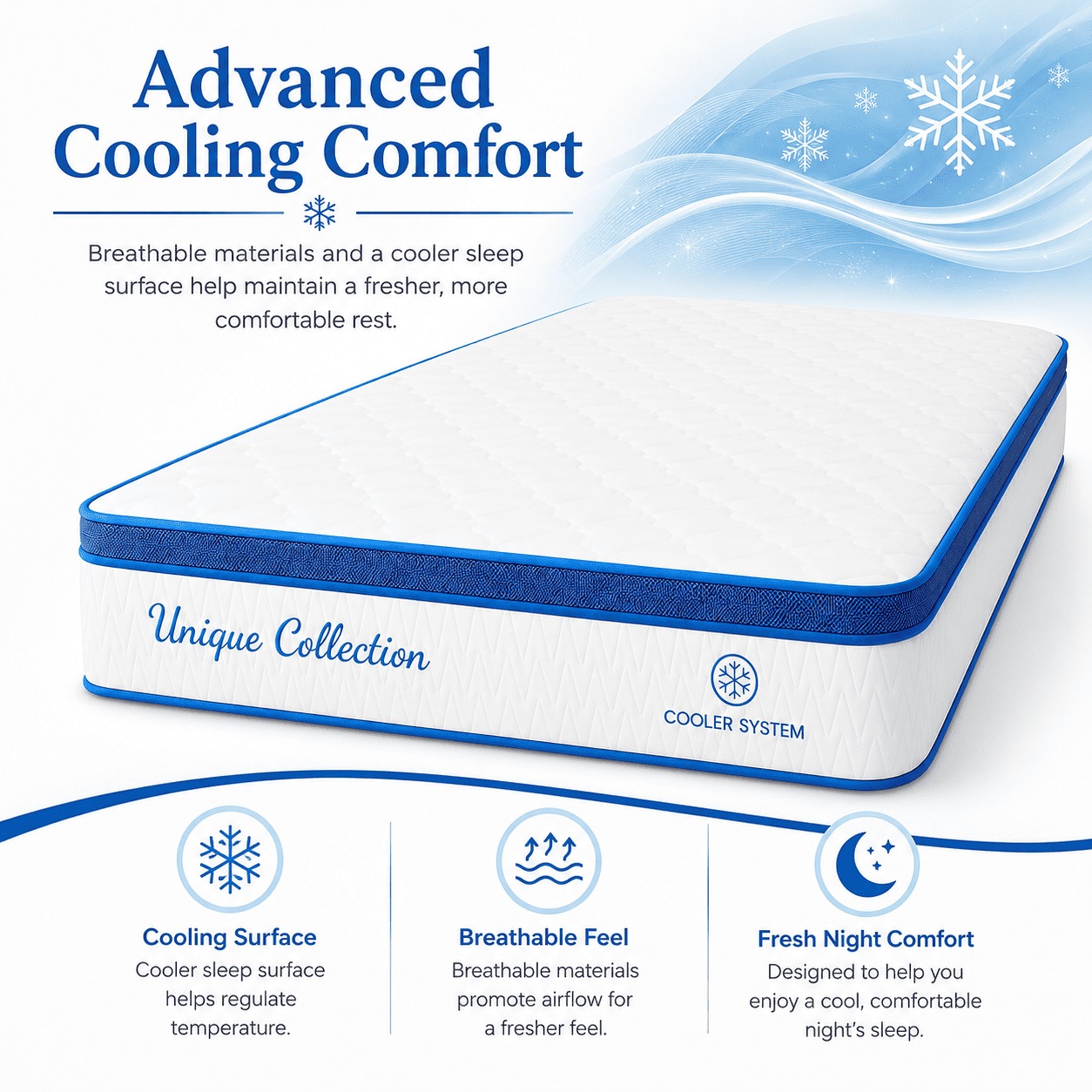 Cooling mattress with breathable quilted surface featuring airflow and temperature regulation comfort benefits.