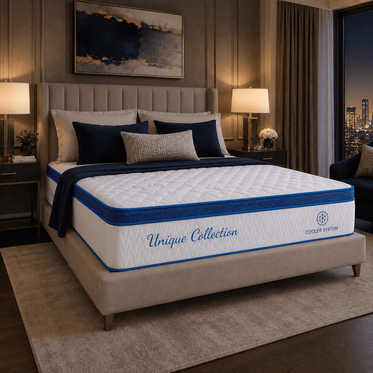 Cooler System mattress with white quilted top and blue trim displayed in a luxury modern bedroom.