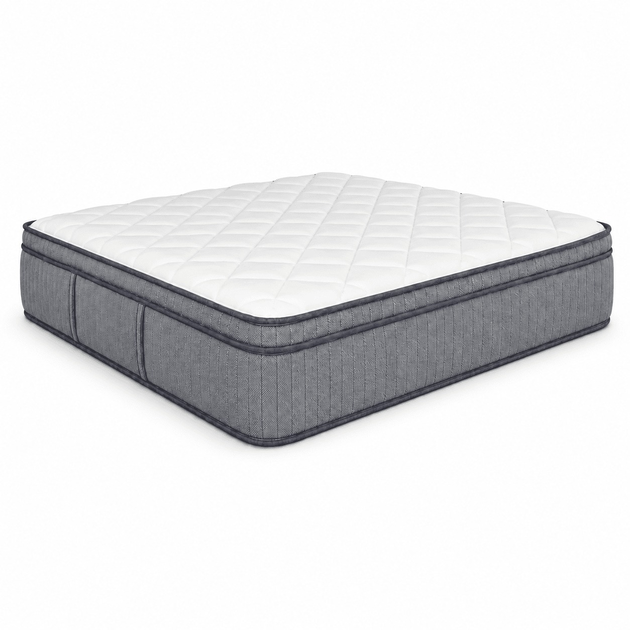 27 cm grey mattress with white quilted top and dark edge piping on white background