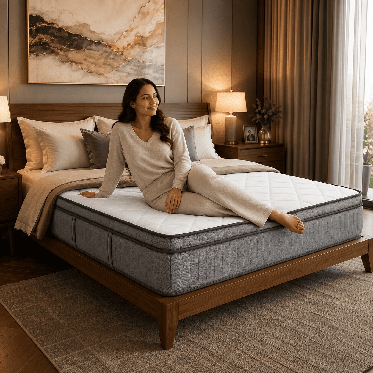 Woman relaxing on a 27 cm grey mattress with white quilted top in a premium modern bedroom