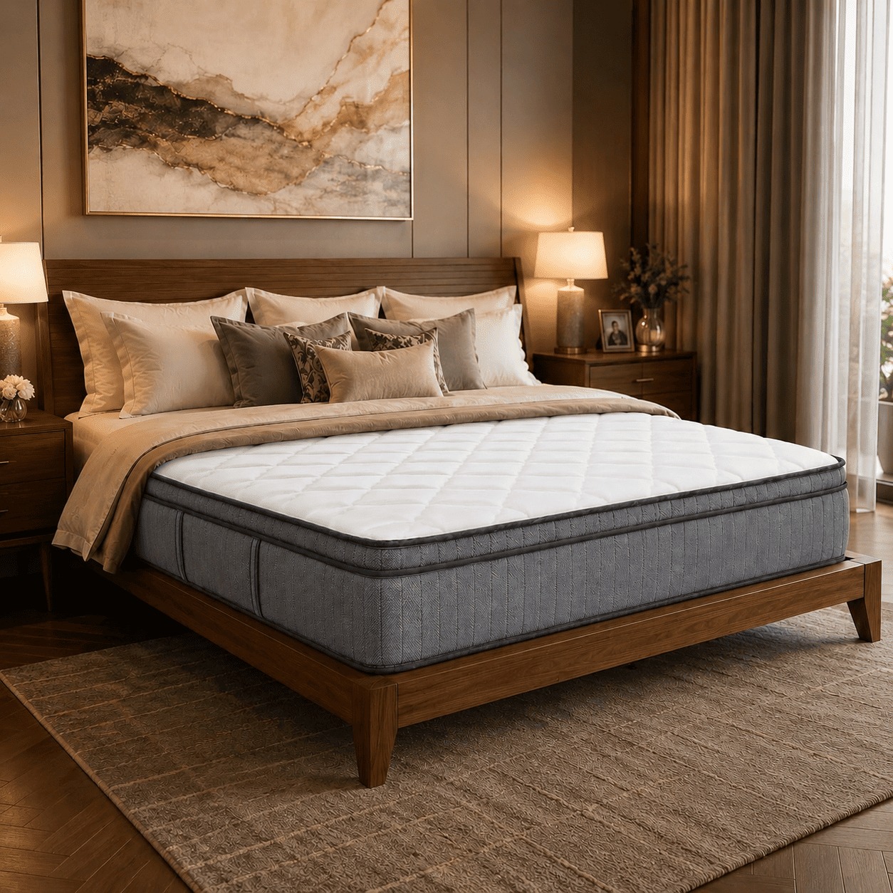 Grey 27 cm mattress with white quilted surface on wooden bed in luxury bedroom